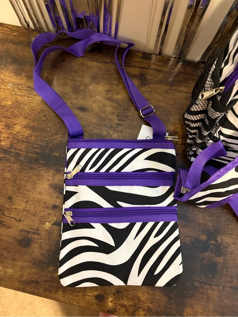 Zebra Print Full-Size Backpack & Crossbody Set with Purple Trim